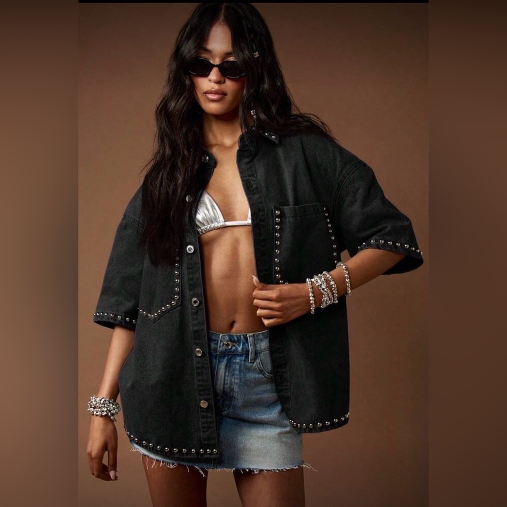 Black Studded Denim Jacket Shacket Oversized | XS | Pockets, Short Sleeves | NWT